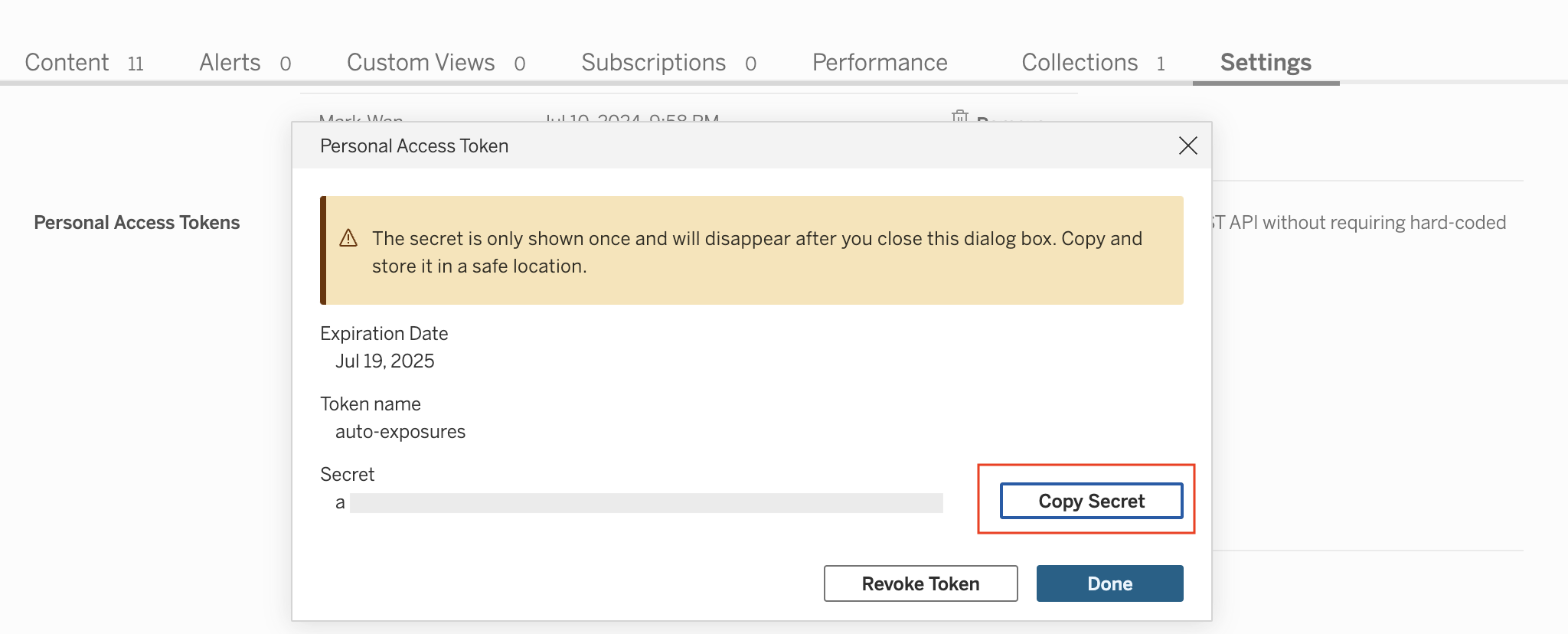 Copy the secret and token name to enter them in dbt Cloud